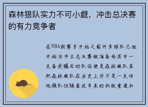 森林狼队实力不可小觑，冲击总决赛的有力竞争者
